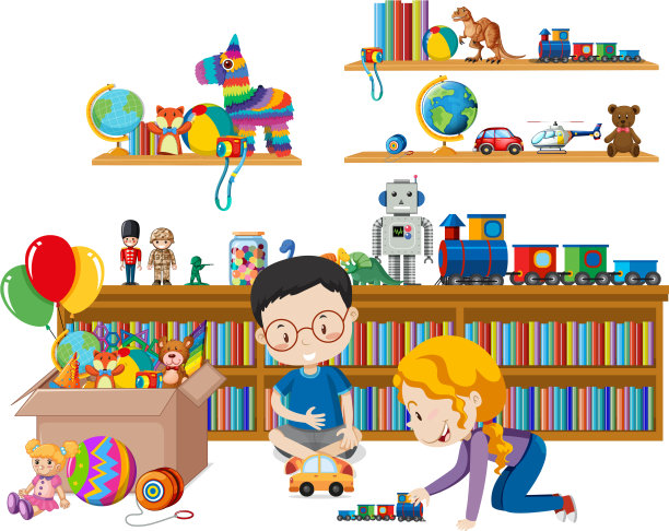 书架上满书和玩具的白色背景图片下载