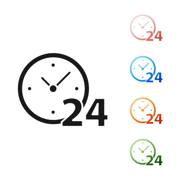 黑色时钟24小时图标孤立在白色图片下载