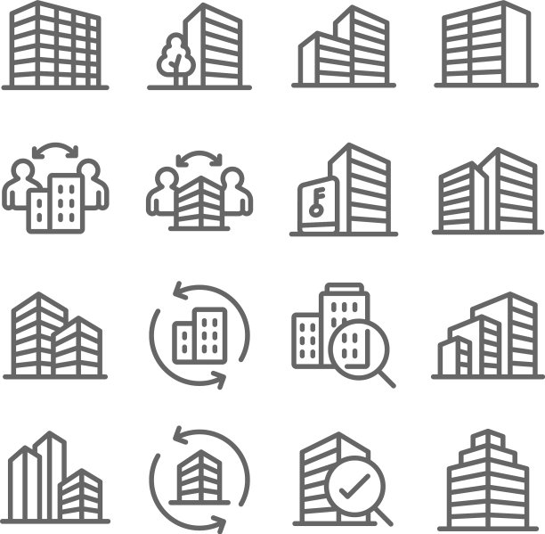 物业建筑和住宿图标设置向量图片下载