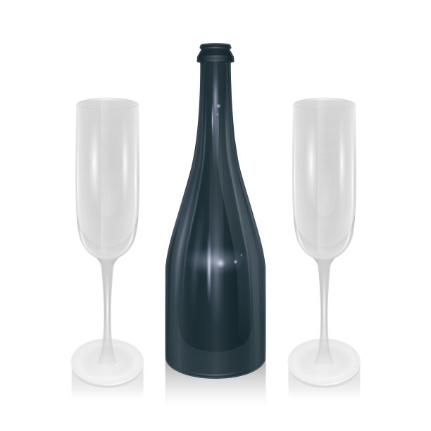 香槟酒瓶和香槟酒杯都放光图片下载