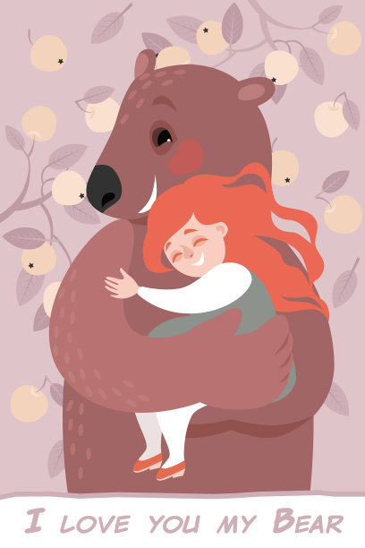 情人节贺卡与快乐的女孩和有趣的熊图片下载
