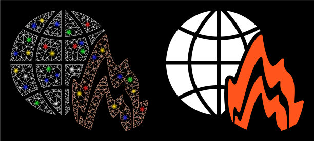 明亮的网线框架全球火图标与火炬图片下载