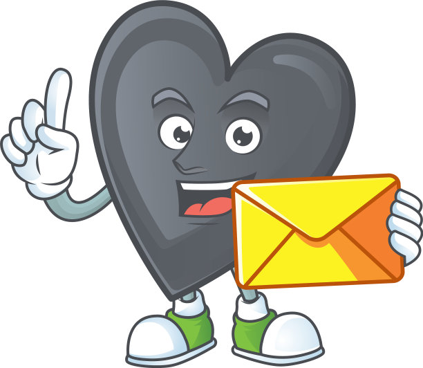 欢乐的黑色爱心卡通吉祥物与信封图片下载