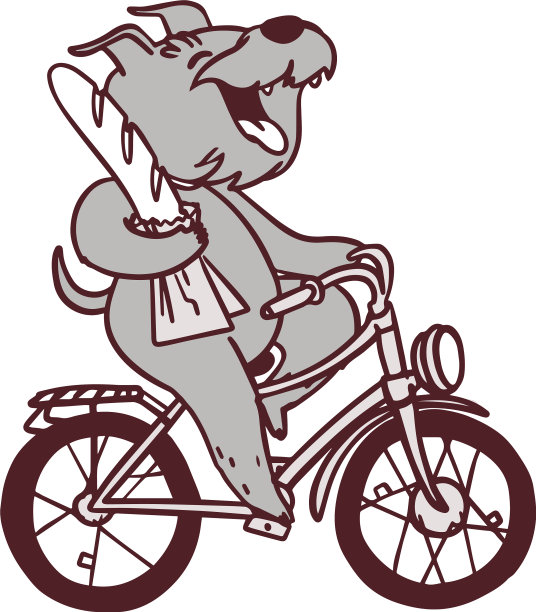 一只可爱的狗骑着自行车，上面有一张法国长棍面包的明信片图片下载