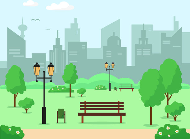 有树、长椅和灯笼的城市公园图片下载