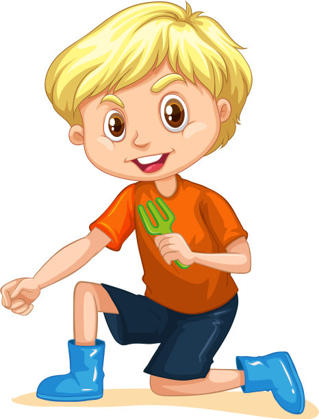 男孩拿着园艺叉在白色的背景上图片下载