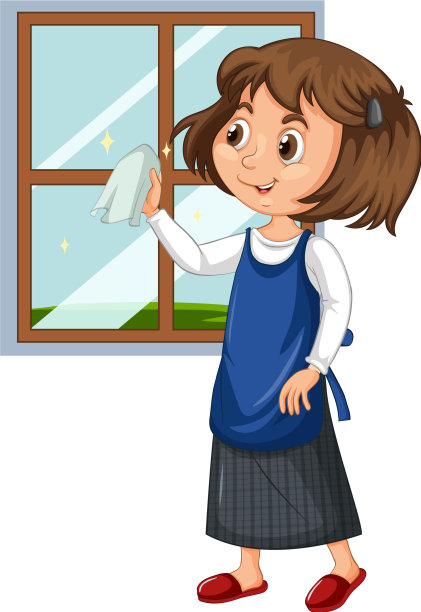 女孩在单独的背景上清洗窗户图片下载