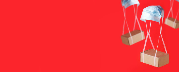 冠状病毒新冠肺炎大流行期间的隔离、接触性传递。居家，网上购物，时尚的色块概念，吊带盒和药面膜图片下载