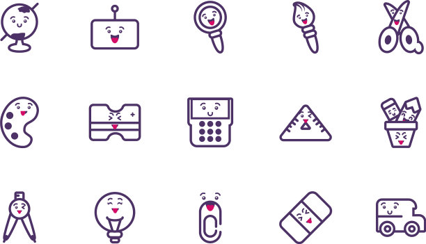 卡哇伊学校图标集卡通设计图片下载