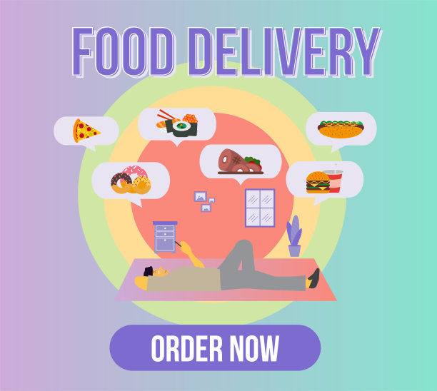 开心的顾客送餐角色通过智能手机应用在家收到一顿速食。为横幅订购运输概念设计图片下载