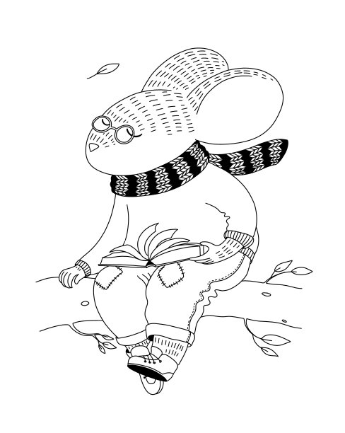 黑白插图着色书。一只穿着针织毛衣和牛仔裤的老鼠正坐在树枝上，一边看书一边做梦图片下载