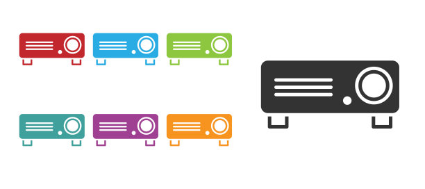 黑色展示，电影，电影，媒体投影仪图标孤立在白色背景。设置图标丰富多彩。矢量图图片下载