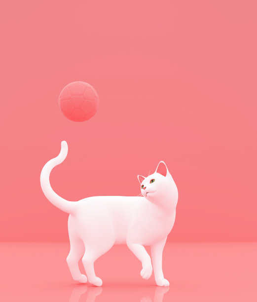 猫玩足球在柔和的颜色背景，简约风格的概念背景，3d渲染图片下载