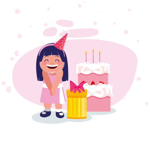 女孩卡通与快乐的生日礼物和蛋糕图片下载
