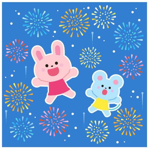 跳放烟花!兔子和老鼠，白色边框图片下载