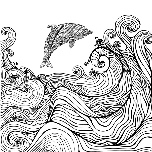 海豚和海浪为儿童着色页图片下载