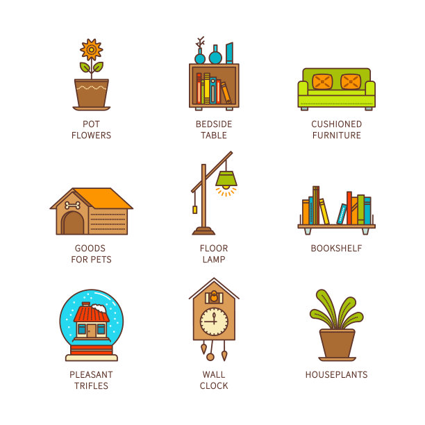 最小线条艺术平面室内图标图片下载