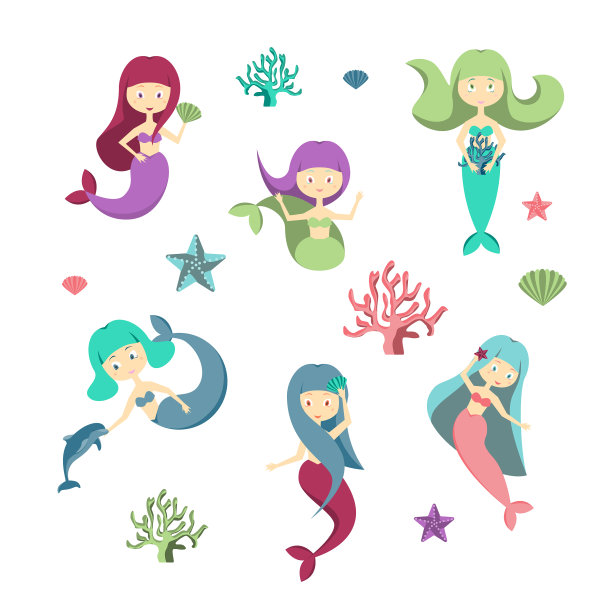 卡通色彩人物美人鱼女孩设置图片下载
