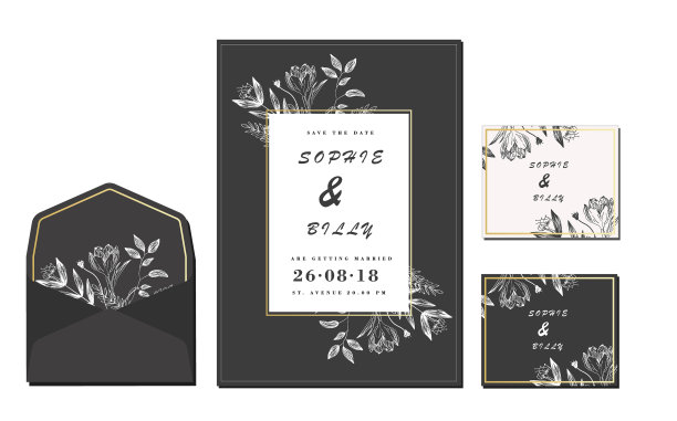 一套卡片与鲜花玫瑰叶婚礼图片下载