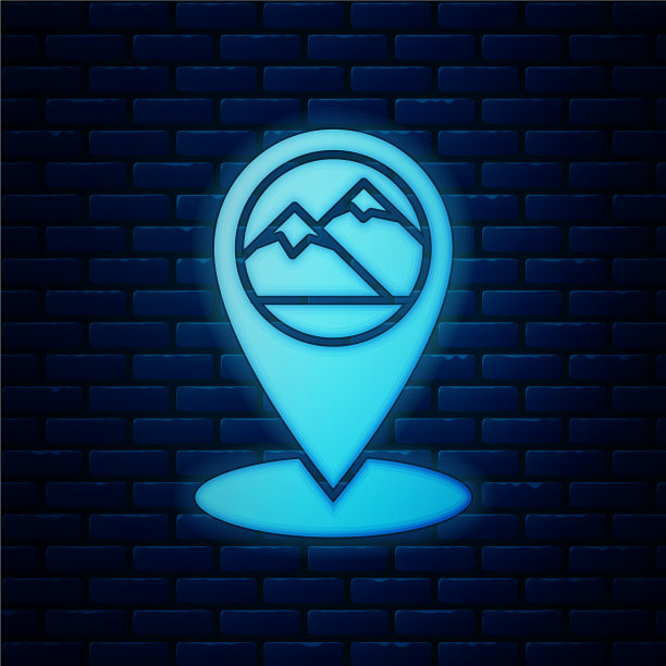发光的霓虹灯地图指针与山图标图片下载