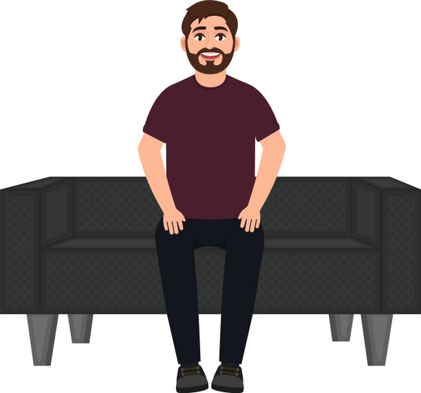 一个男人坐在沙发上，一个满脸胡子微笑的男人在等待图片下载