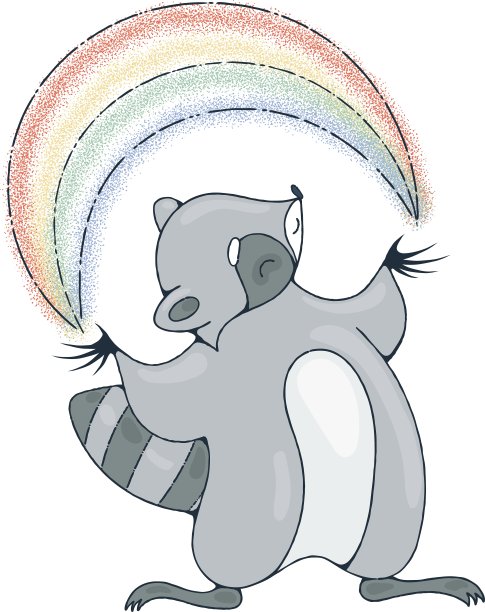 一只快乐的浣熊和彩虹玩耍图片下载