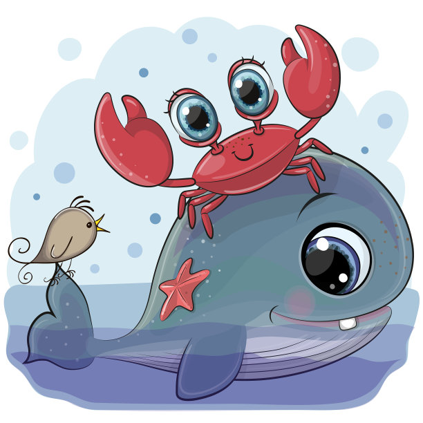 卡通鲸鱼与螃蟹和鸟图片下载