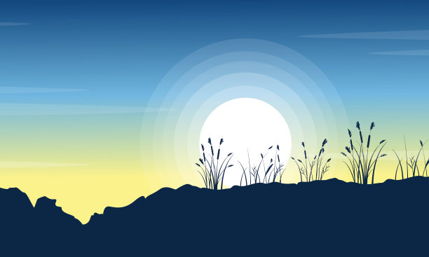 在早晨的景色中，山的剪影和草图片下载