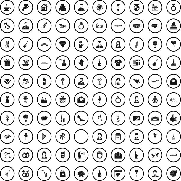 100个婚礼图标设置简单的风格图片下载