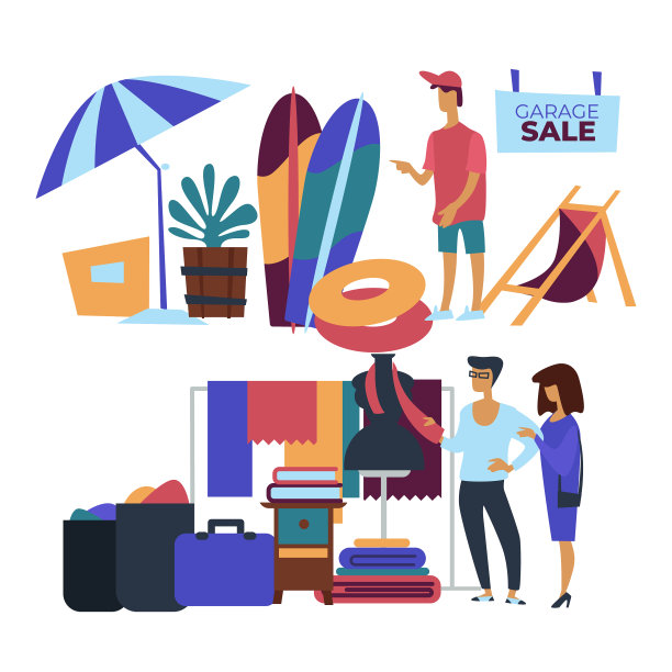 车库大甩卖，海滩用品和衣服顾客图片下载