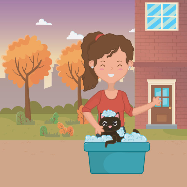 女孩与猫卡通设计图片下载