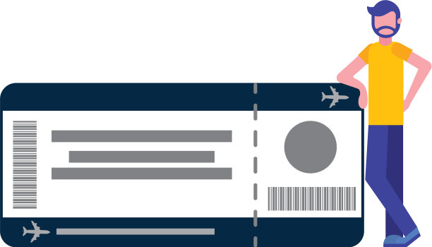 年轻人与机票航班孤立的图标图片下载