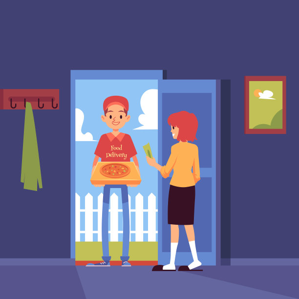 一个男人站在门口送披萨盒图片下载