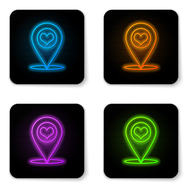 发光的霓虹灯地图指针与心脏图标孤立图片下载