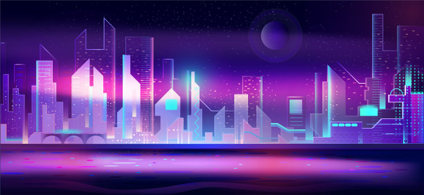 霓虹灯下的未来城市夜景素材图片