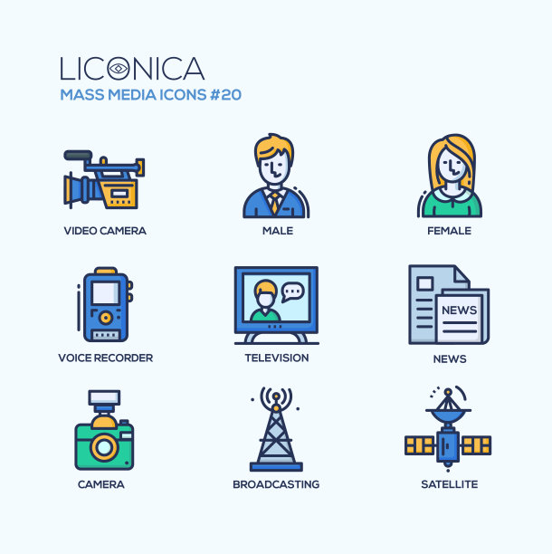大众传媒彩色的现代单线图标集图片下载