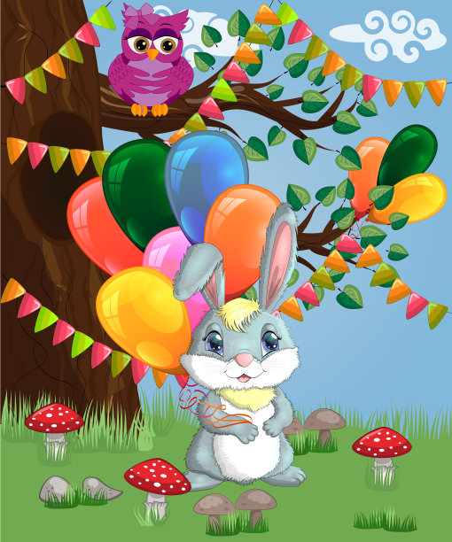 可爱的卡通兔子抱着一堆球图片下载