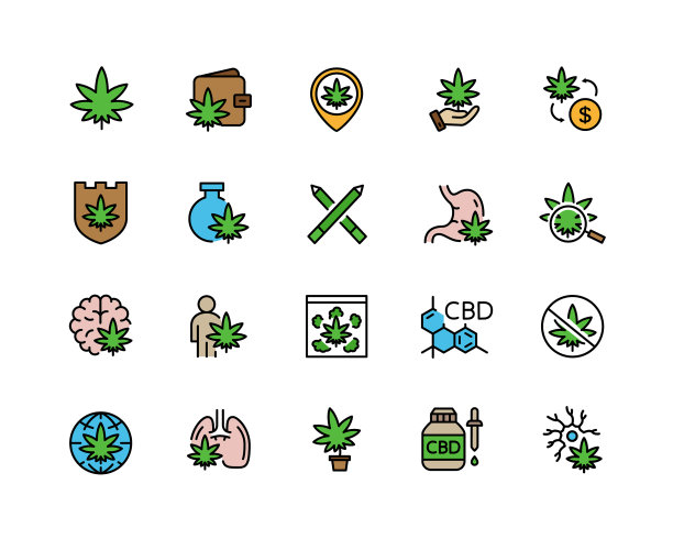 CBD二酚扁平彩色线性图标组合图片下载