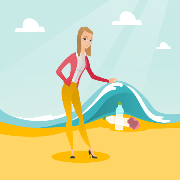 一名妇女在海浪下展示塑料瓶图片下载