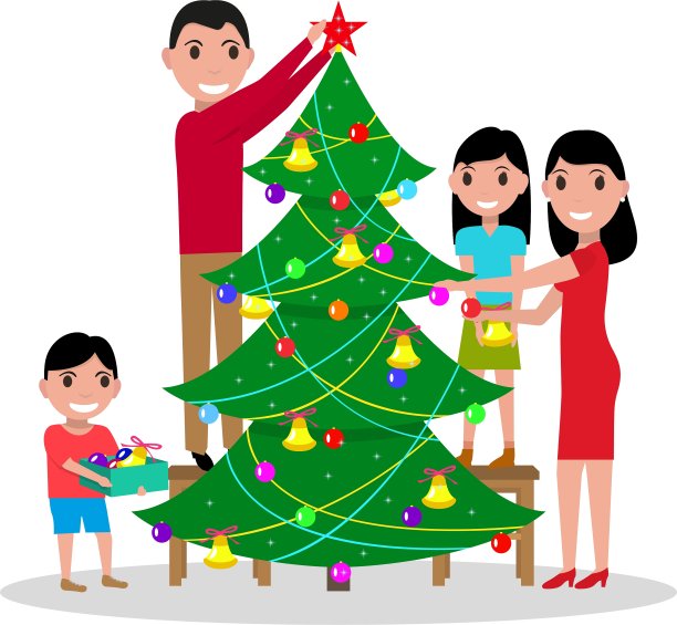 幸福家庭装饰圣诞树图片下载