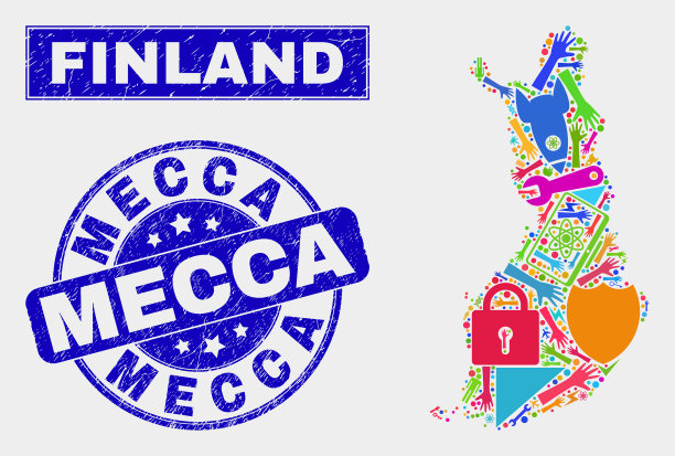 拼贴工具芬兰地图和苦恼麦加邮票图片下载