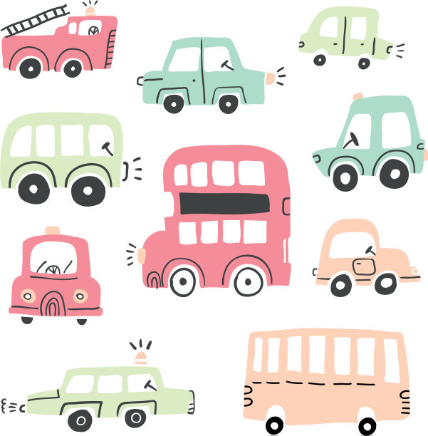 大套不同的手绘玩具汽车图片下载