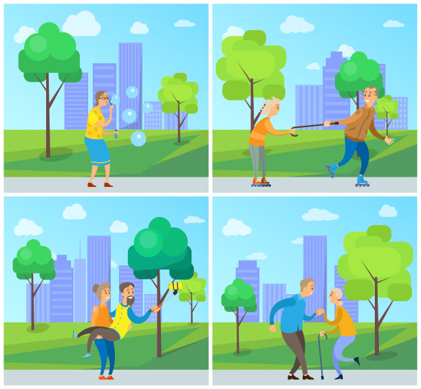 微笑的退休老人在城市公园里散步图片下载