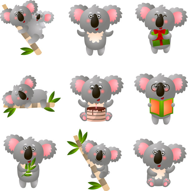卡通考拉设置在不同的姿势孤立上图片下载