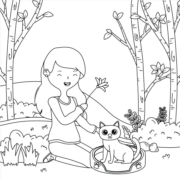 女孩与猫卡通设计图片下载