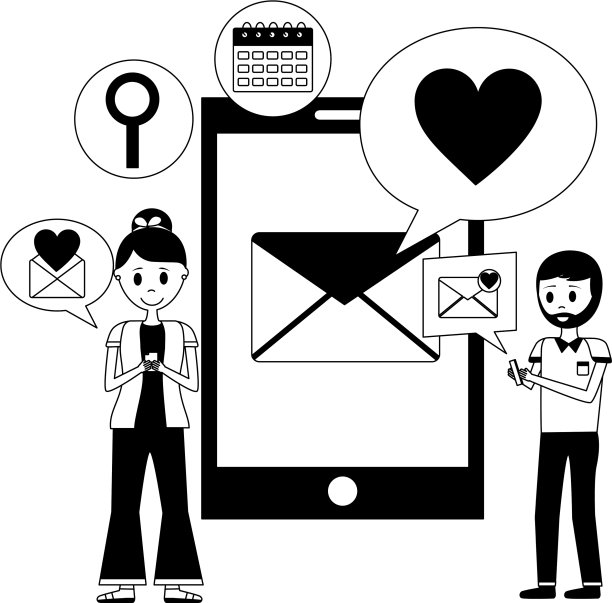 年轻夫妇与智能手机和设置图标图片下载