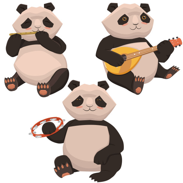 三只可爱的熊猫演奏乐器图片下载