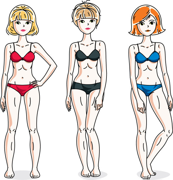 年轻漂亮的女人穿着五颜六色的比基尼摆姿势图片下载