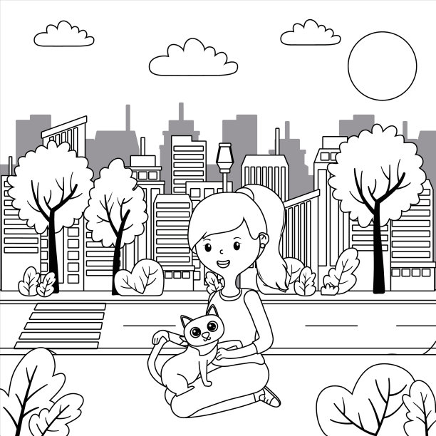 女孩与猫卡通设计图片下载