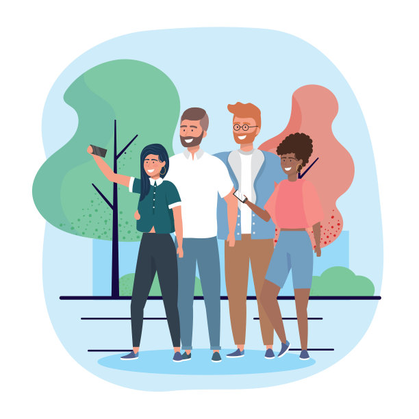 女孩和男孩与智能手机自拍和休闲素材图片